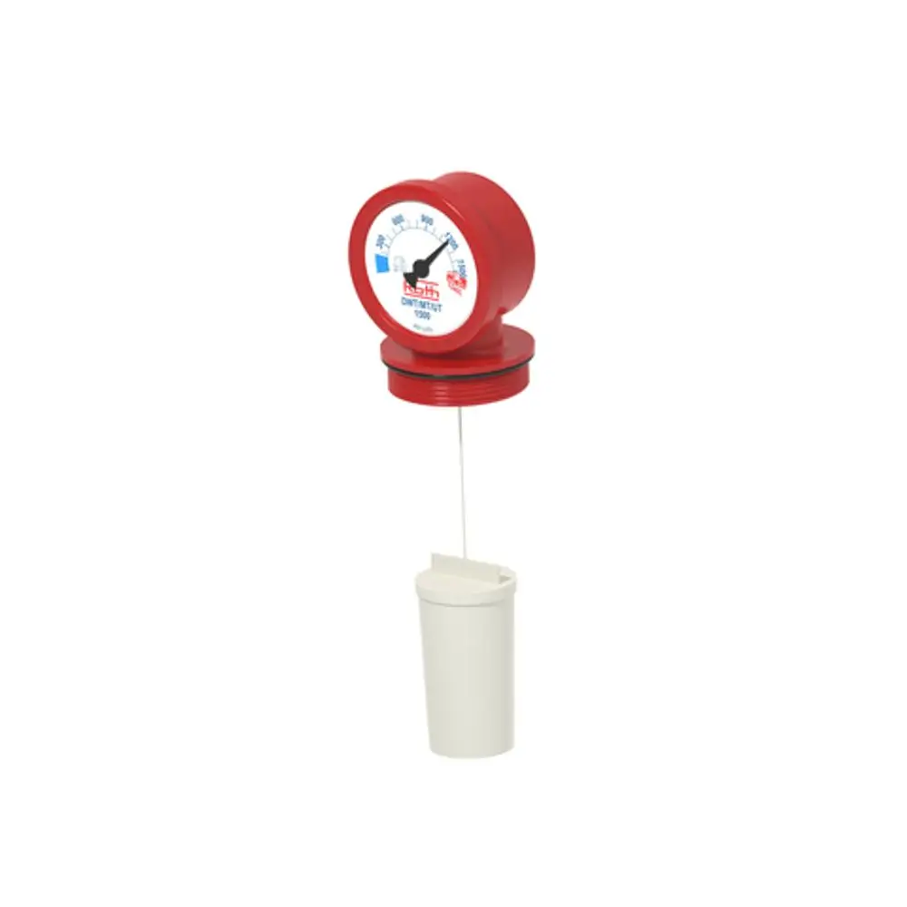 Roth Füllstanduhr mit einem analogen Ziffernblatt zur Anzeige des Füllstands, in rot mit einem weißen Behälter, der an einem dünnen Kabel befestigt ist.